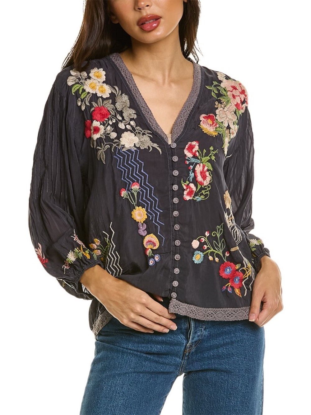 Johnny Was Velouette embroidered button-front blouse Oversized